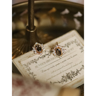 蓬帕杜夫人 日系复古精致天然茶晶925纯银镀金耳钉女生礼物