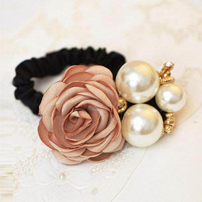 韩版时尚发饰大珍珠玫瑰花朵发圈山茶花发绳头饰镶钻皮筋米迦美饰