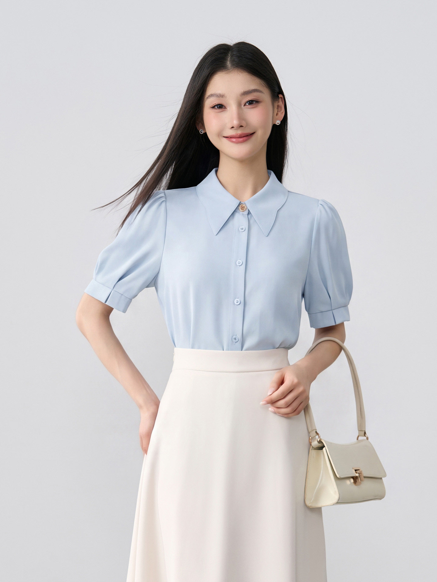 伯德小姐蓝色飘带短袖衬衫女夏面试职场通勤穿搭职业正装衬衣内搭