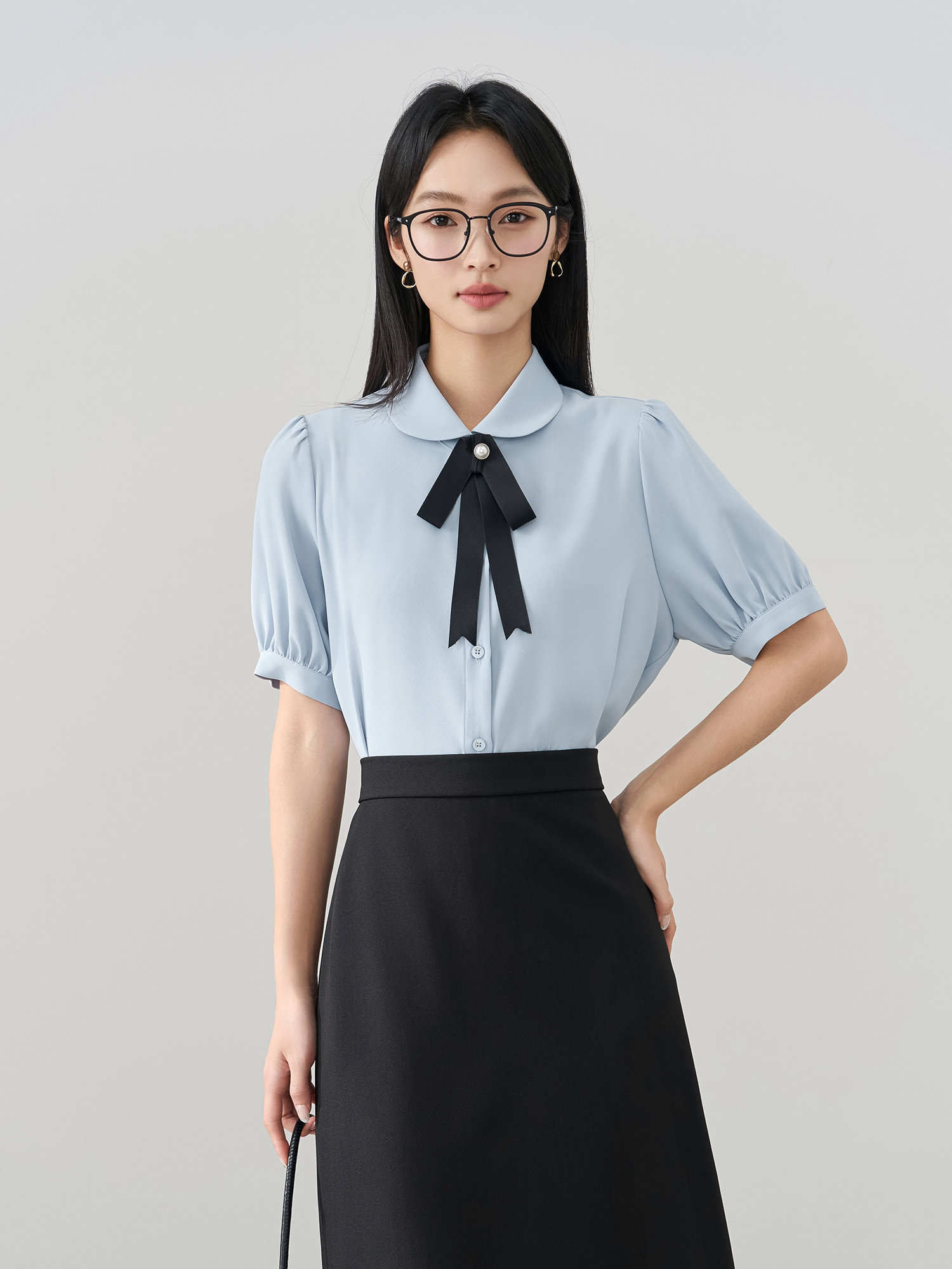 伯德小姐蓝色领结衬衫女夏教资面试西装内搭上衣正装职业短袖衬衣