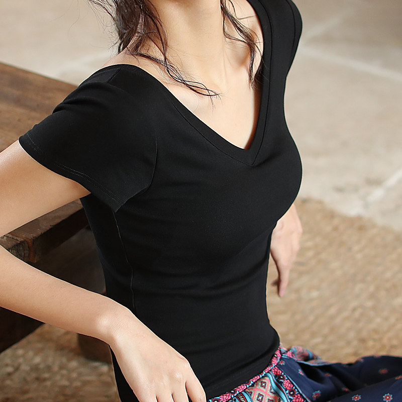 Short sleeved T-shirt Women's wear white Sternum V. clavicle jacket Show thin Scheming ins Backless summer Base coatin the Women's clothing/Boutique , T-shirt  category - from Buy2taobao.com to provide professional Taobao agent buy service