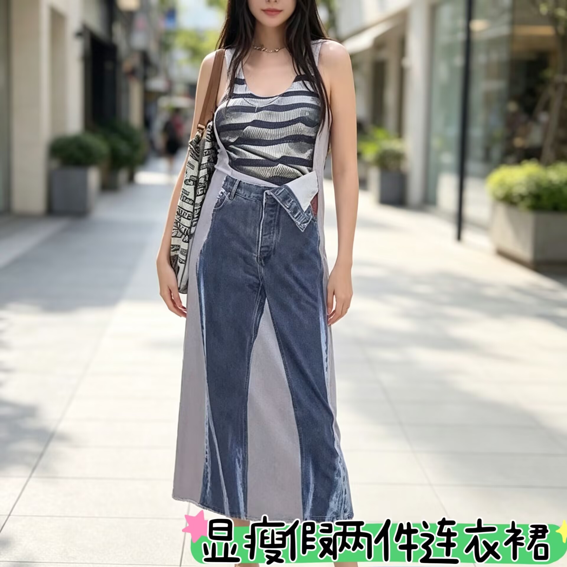 夏季拼色条纹假两件显瘦连衣裙