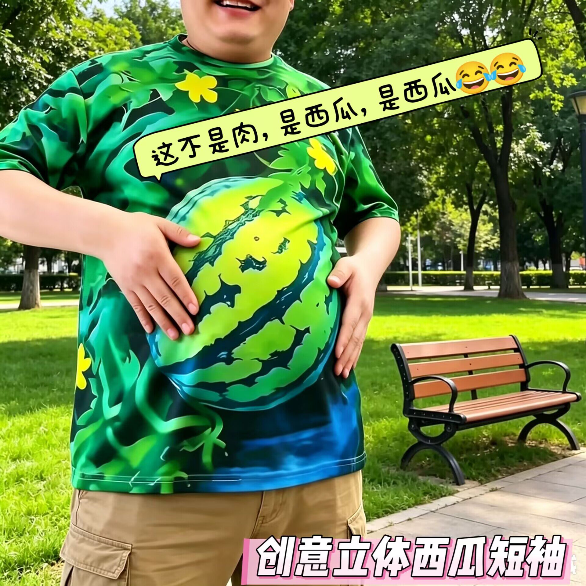 夏季西瓜元素短袖衣服搞笑卡通西瓜图案3D印花大肚子啤酒肚上衣