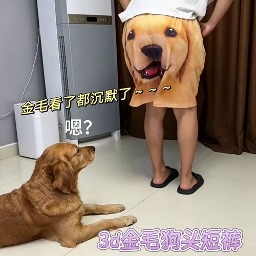 3D金毛狗头印花情侣宽松短裤