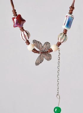 景德镇陶瓷饰品蝴蝶项链长款毛衣链手工编织可调节民族风学生女新