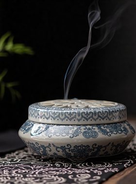古陶泥青花香炉摆件室内陶熏香炉