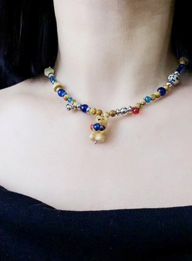 新款彩色串珠小熊陶瓷吊坠项链手链童趣多巴胺锁骨链甜酷配饰批发