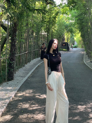 FBB limit夏季新款松弛感休闲裤女松紧腰水洗毛边40亚麻抽绳长裤