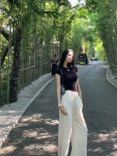 FBB limit夏季新款松弛感休闲裤女松紧腰水洗毛边40亚麻抽绳长裤