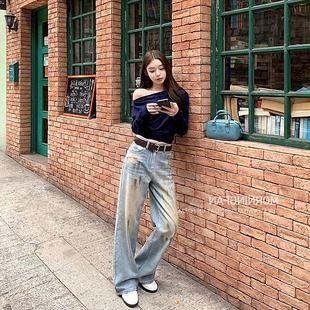 手工不规则磨脏扫料烫金涂层脏脏牛仔裤 女春宽松直筒裤