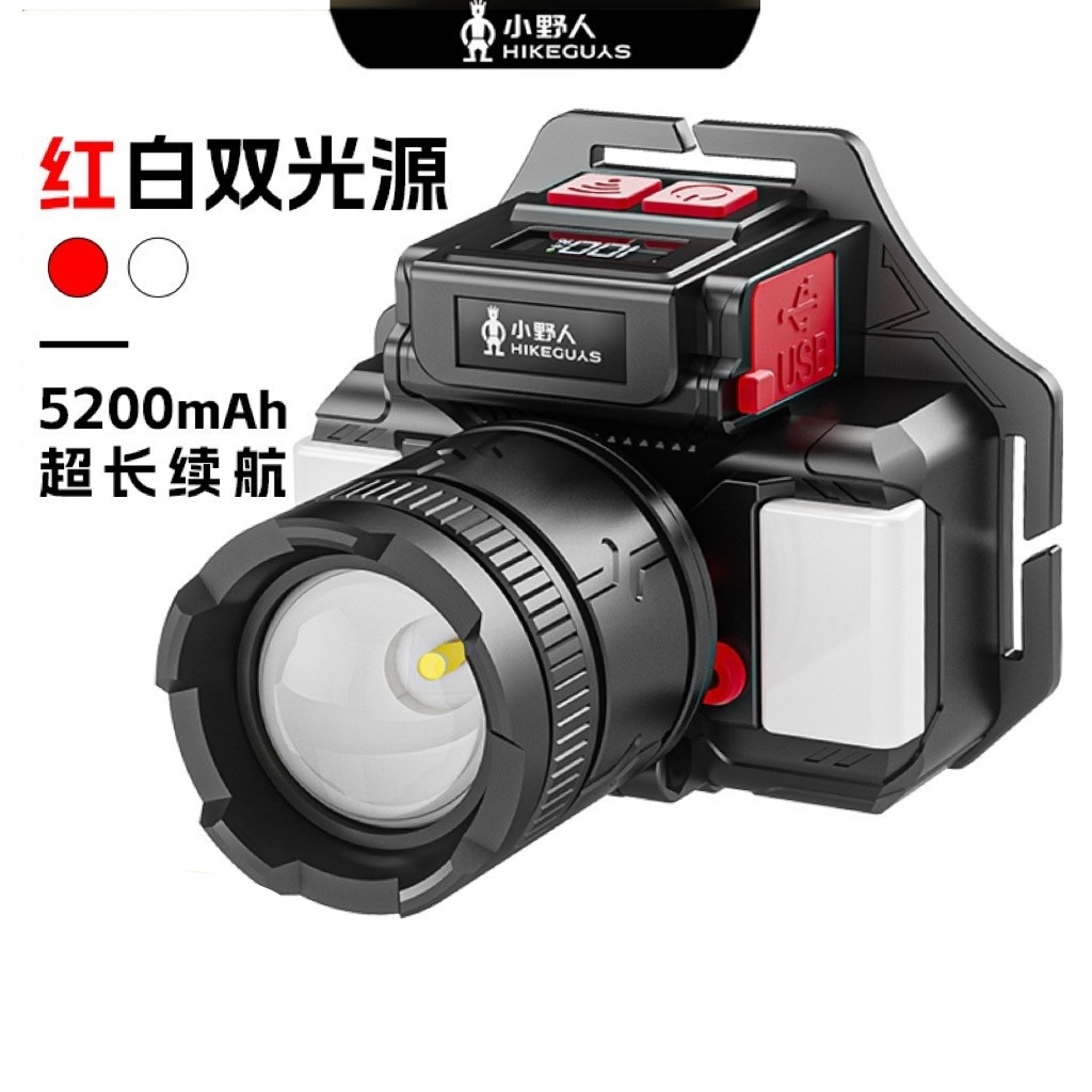 小野人T180 T190P50白激光头戴头灯强光变焦感应COB侧灯充电照明