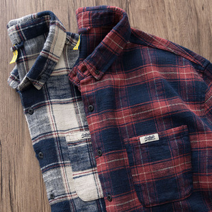 长袖 重磅美式 阿美咔叽宽松纯棉工装 男士 衬衣男 复古磨毛格子衬衫