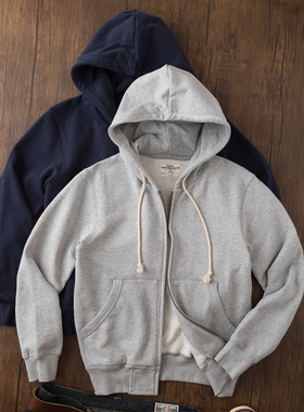 重磅美式阿美咔叽纯棉灰色加绒加厚连帽卫衣外套男秋季开衫男帽衫