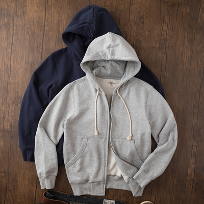 重磅美式阿美咔叽纯棉灰色加绒加厚连帽卫衣外套男秋季开衫男帽衫