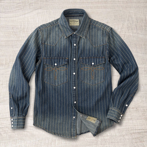 阿美咔叽美式复古重磅春秋季水洗做旧工装条纹牛仔衬衫男长袖外套