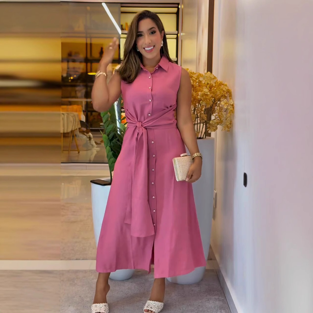 欧美现货外贸女装2025新款优雅百搭时尚无袖束腰衬衫连衣裙女长裙