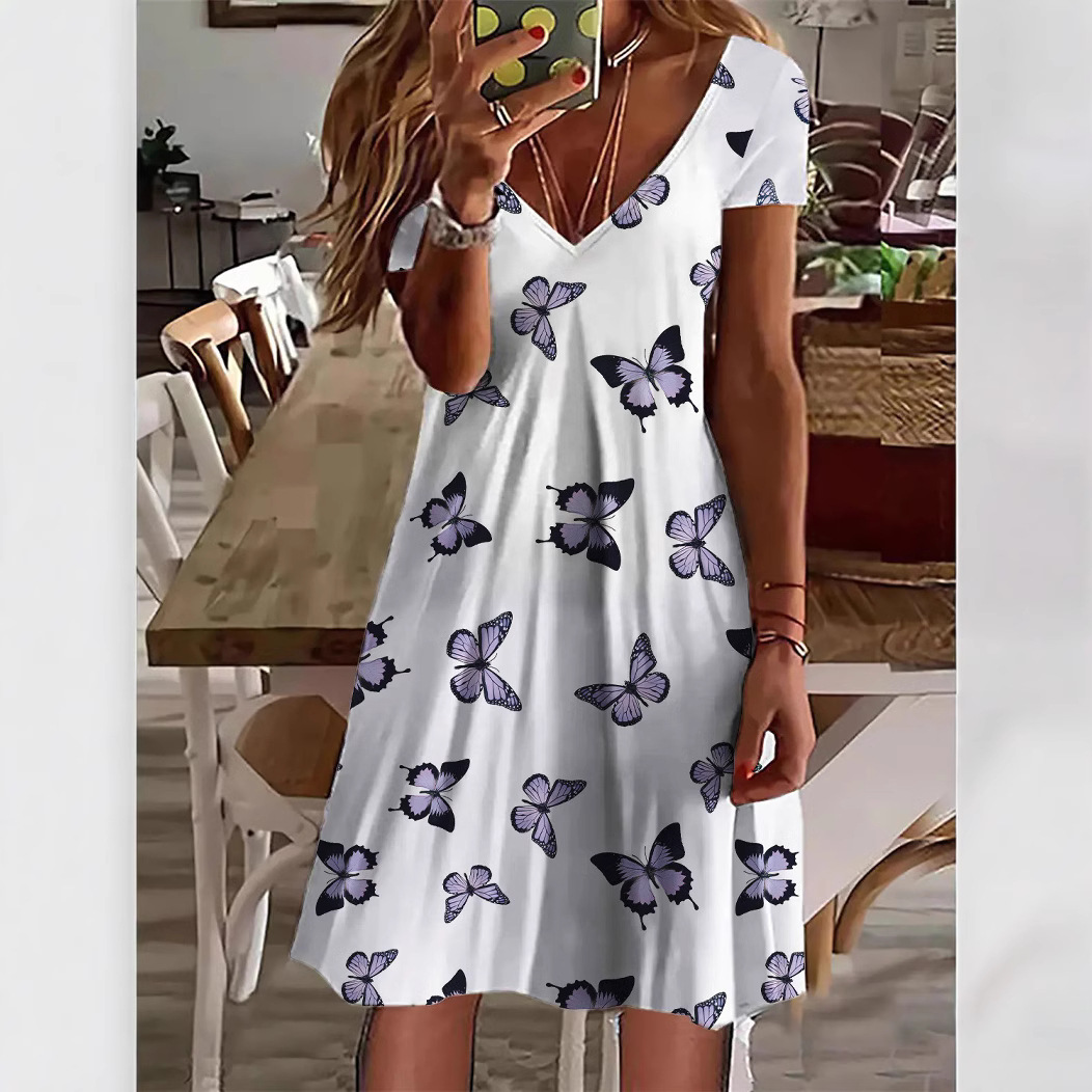 2025夏季新款跨境女装独立站 亚马逊休闲V领宽松3D印花短袖连衣裙