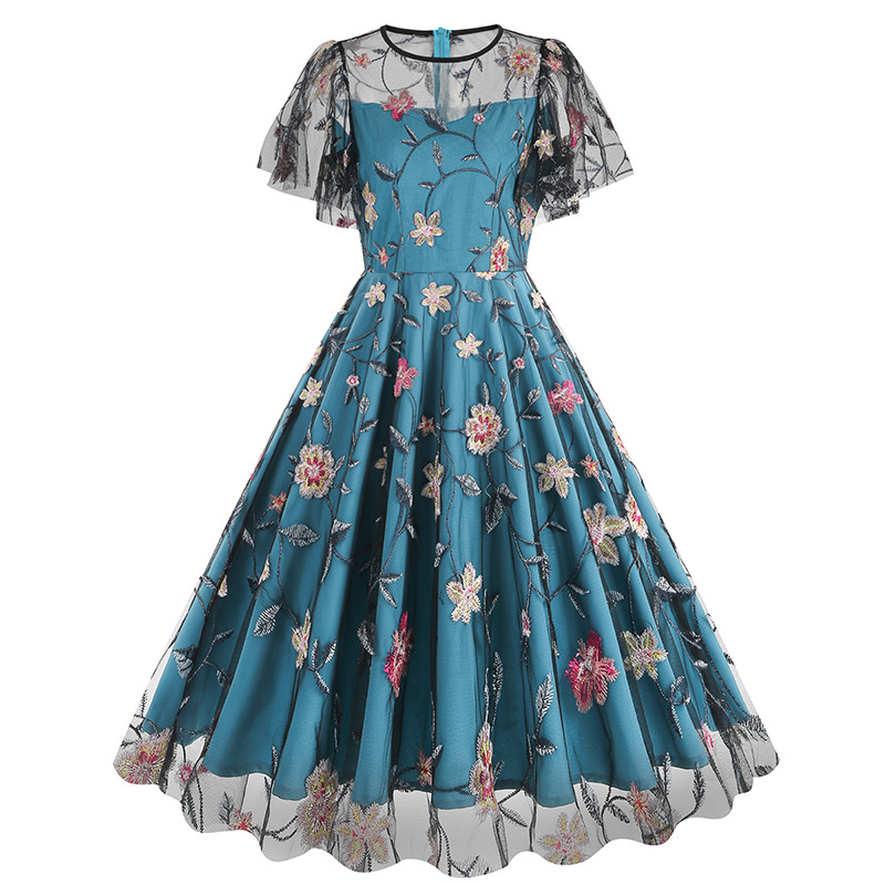 2025新款亚马孙跨境圆领收腰网纱刺绣礼服复古赫本连衣裙8235玫瑰