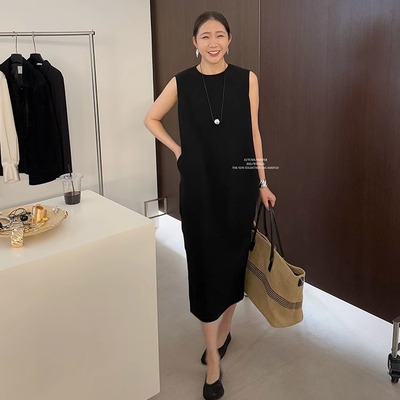 widelia陈姬儿夏季极简休闲无袖黑色连衣裙百搭通勤气质长裙7090