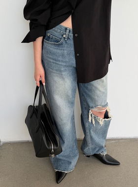 WAITMORE 春季复古美式破洞牛仔裤男友风街头宽松直筒长裤1326