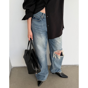 破洞牛仔裤 WAITMORE 春季 复古美式 1326 男友风街头宽松直筒长裤