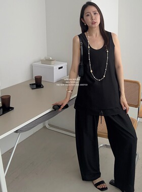widelia陈姬儿夏季高级感天丝无袖背心+薄款休闲裤两件套装7313