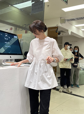 widelia陈姬儿春季韩版圆领设计感后边系扣衬衫女白色衬衣7366