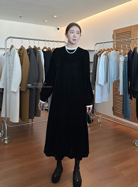 widelia陈姬儿秋冬黑色内搭打底连衣裙中长款显瘦法式丝绒裙9297