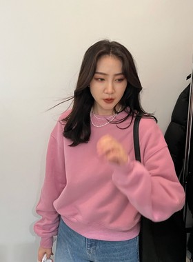 widelia陈姬儿秋冬款小众加绒少女粉色卫衣小个子短款上衣9838