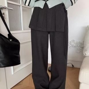 WAITMORE秋冬高腰显瘦直筒女宽松百搭阔腿裤百褶裙摆休闲长裤6177