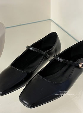 widelia陈姬儿韩版黑色玛丽珍鞋女浅口低跟方头单鞋小皮鞋7539
