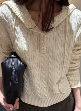 T.TOO 冬季新款连帽套头针织衫女质感麻花毛衣休闲上衣16250