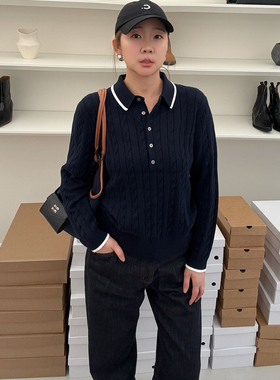 widelia陈姬儿秋季韩系简约撞色翻领麻花针织衫女百搭毛衣11325