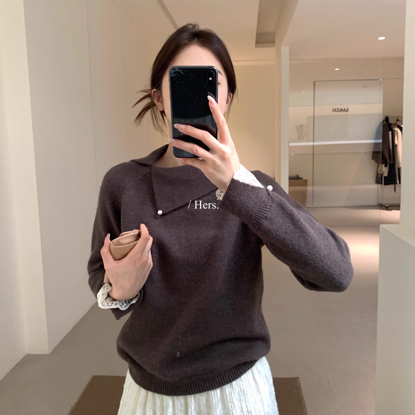 hers 一勺甜 秋冬小众设计蕾丝拼接翻领针织衫百搭长袖上衣92541