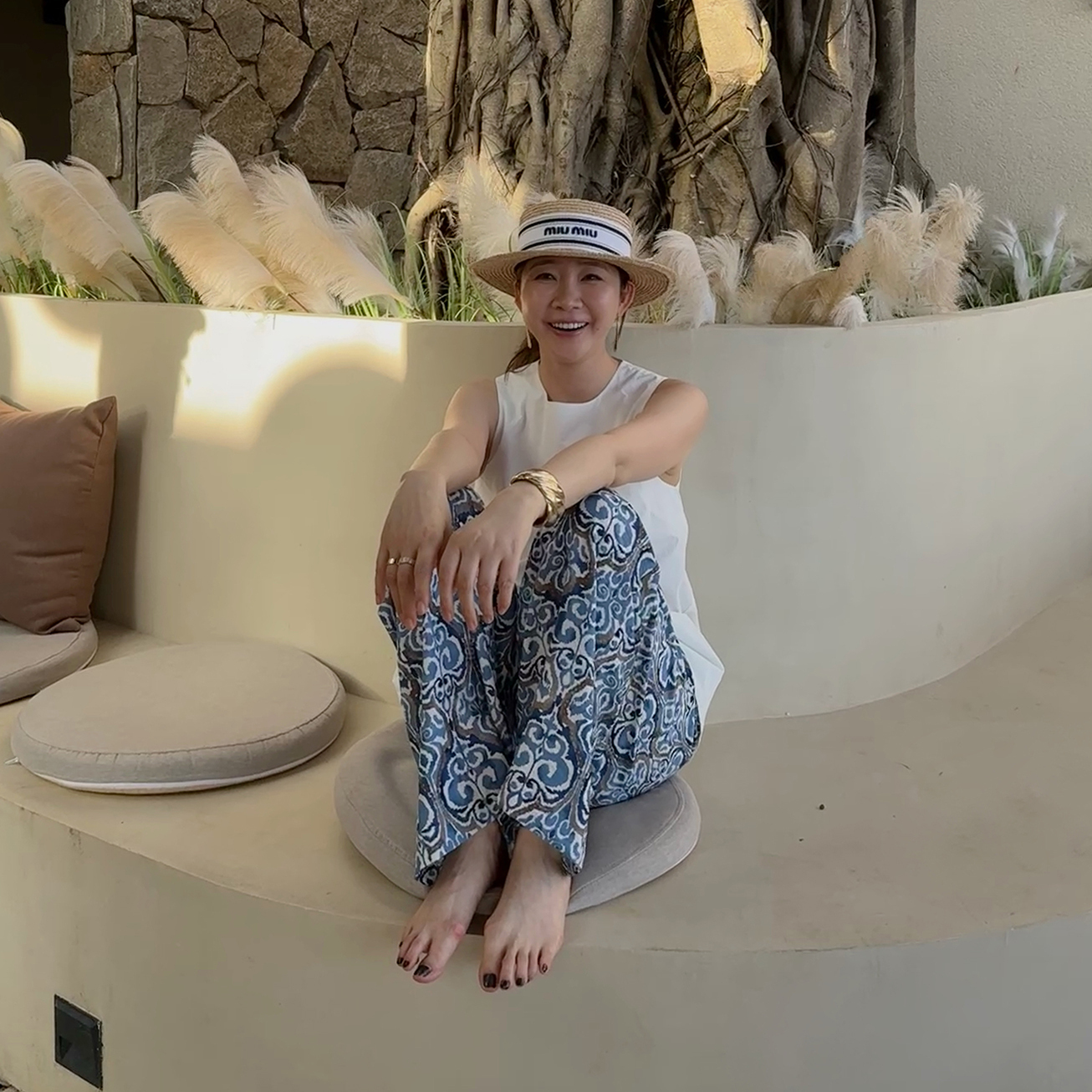 widelia陈姬儿夏季韩系复古蓝色印花休闲裤度假风直筒长裤7511