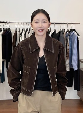 widelia陈姬儿秋冬小个子短款美式复古咖色麂皮绒夹克外套女9136