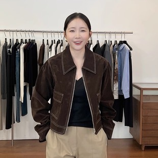 widelia陈姬儿秋冬小个子短款美式复古咖色麂皮绒夹克外套女9136