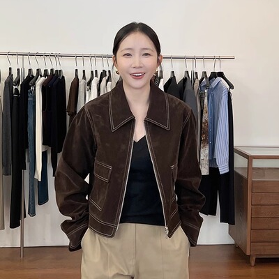 widelia陈姬儿秋冬小个子短款美式复古咖色麂皮绒夹克外套女9136