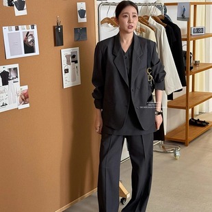 widelia陈姬儿春季阔腿裤女西服西装马甲西裤裤帘三件套套装7051