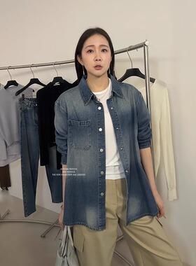 widelia陈姬儿春节复古做旧宽松慵懒水洗长袖牛仔衬衫衬衣女w0005