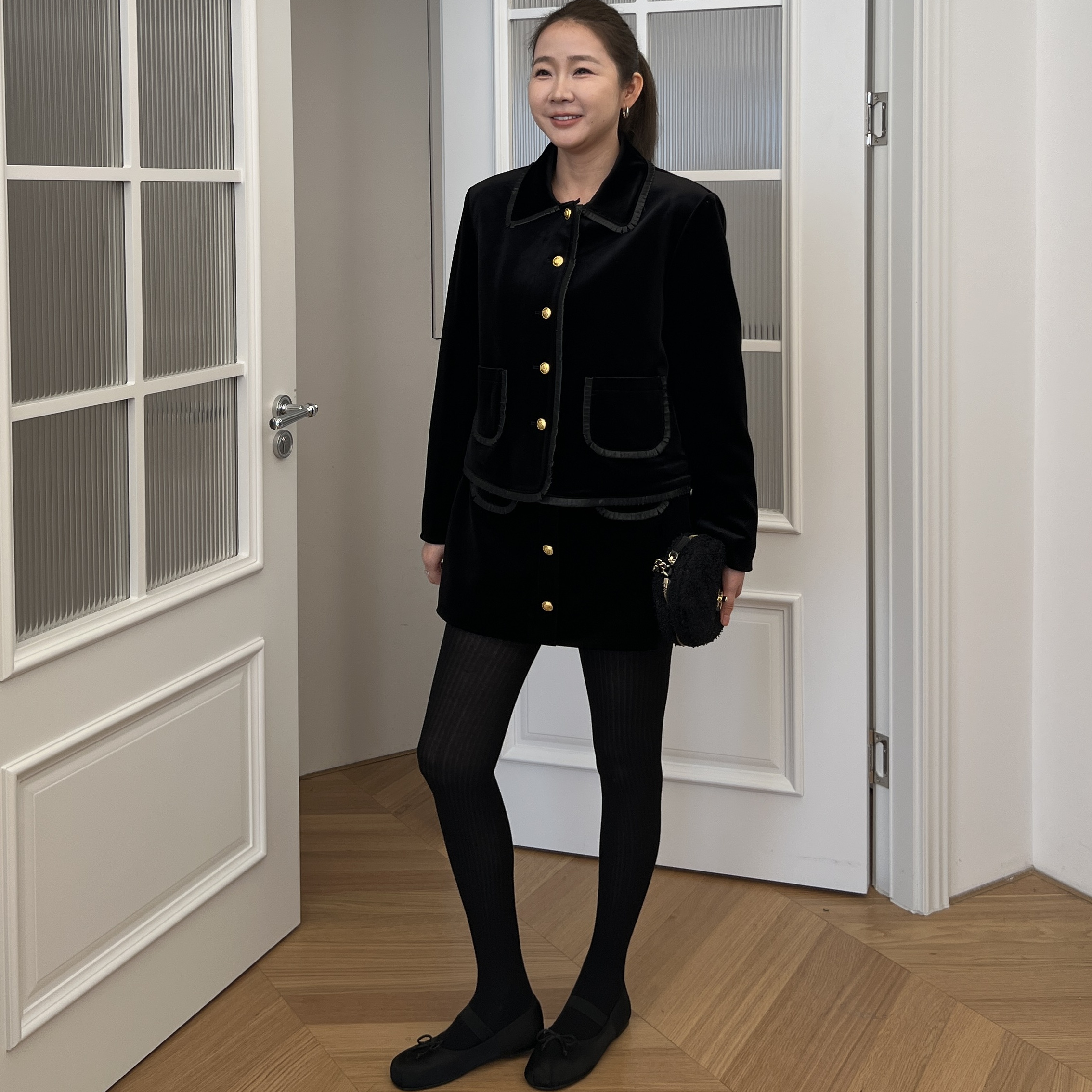 widelia陈姬儿秋冬法式名媛气质小香风半身裙丝绒夹棉套装女8166