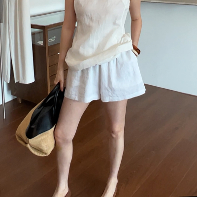 widelia陈姬儿夏季韩版百搭显瘦白色裤子时尚阔腿亚麻短裤女8325
