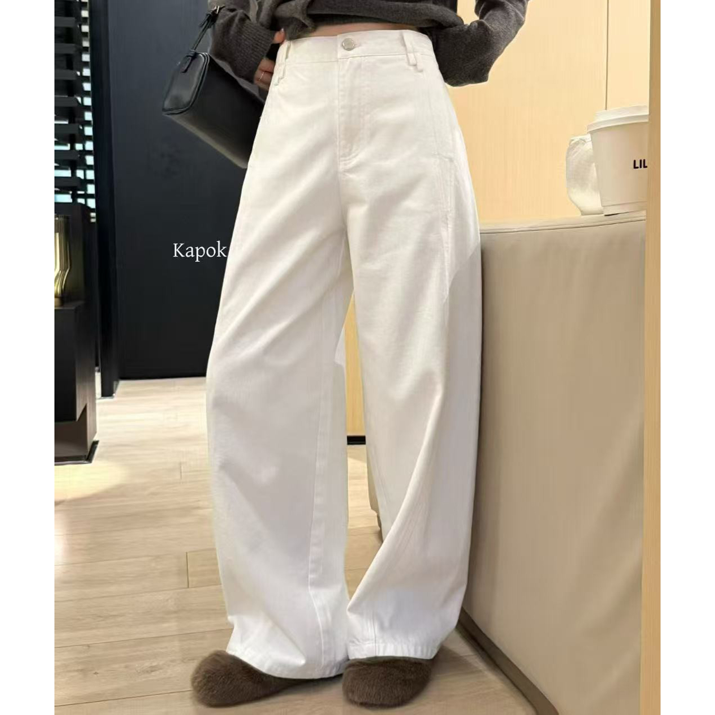 Kapok 秋冬新款高腰显瘦直筒ins长裤白色牛仔裤女宽松阔腿裤35009