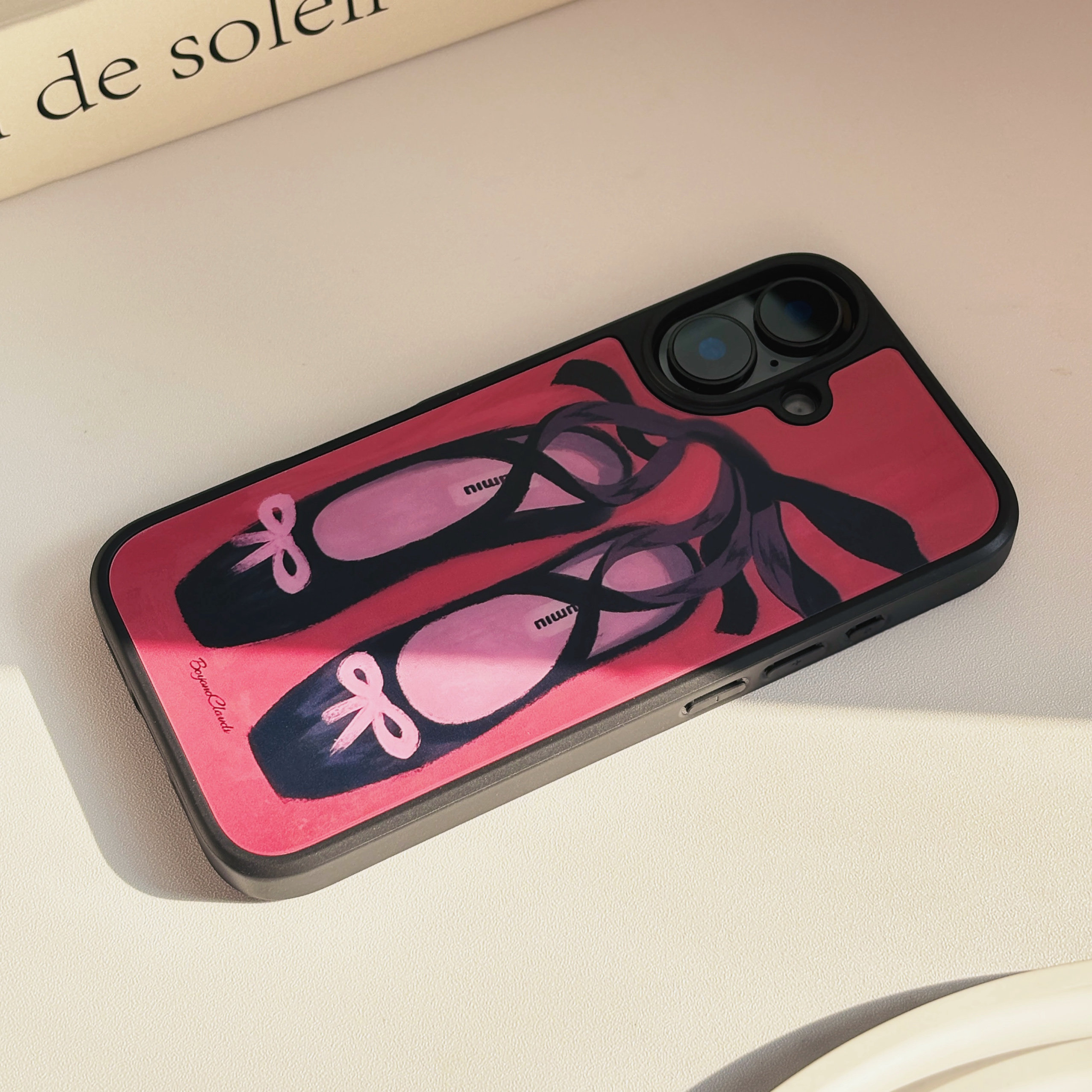 miu系法式芭蕾舞蝴蝶结黑框磨砂磁吸手机壳适用苹果iPhone16promax手机壳17pro玻璃手机壳14pro全包17甜美