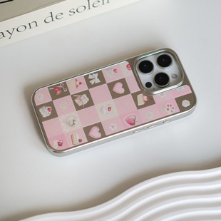 小众ins甜心格子电镀镜面银框磁吸手机壳iPhone17promax镜面手机壳16pro手机壳14pro全包13少女心甜美