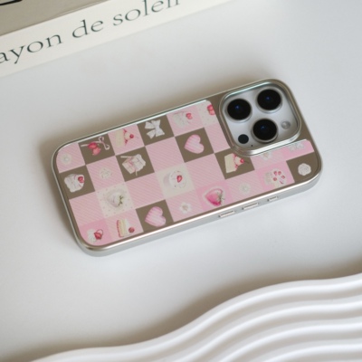 小众ins甜心格子电镀镜面银框磁吸手机壳iPhone17promax镜面手机壳16pro手机壳14pro全包13少女心甜美