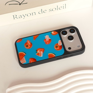 小众什锦水果磨砂玻璃磁吸手机壳适用苹果iPhone17promax手机壳16pro黑框软边15手机壳14pro全包16复古ins