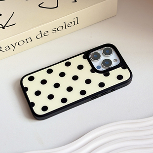 小众ins奶白波点黑框磨砂磁吸手机壳适用苹果iPhone17promax手机壳16pro玻璃手机壳14pro全包13少女心甜美