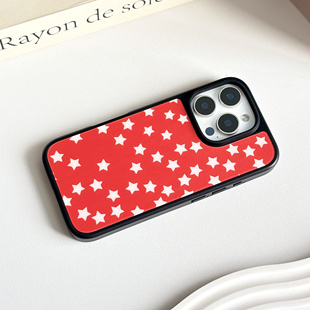 小众ins红色星星黑框磨砂玻璃手机壳适用iPhone17promax手机壳16pro磁吸手机壳14pro全包13少女心16plus甜美