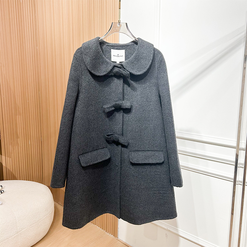 2025秋冬新款双面羊毛呢蝴蝶结娃娃领大衣宽松长款小个子保暖外套